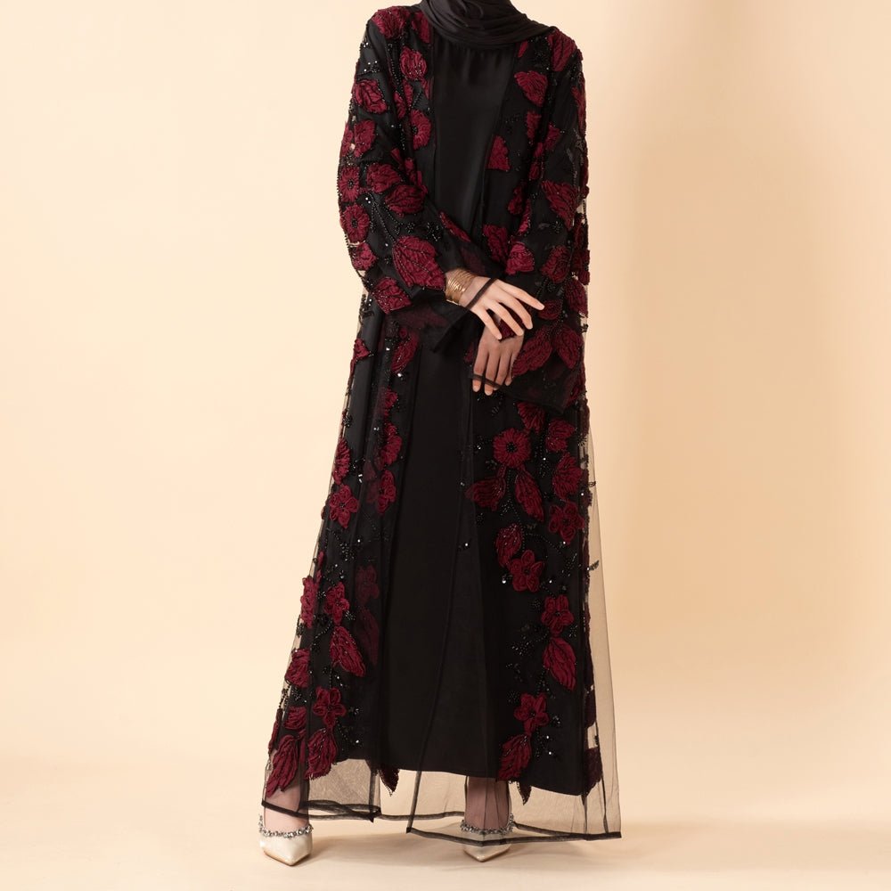 Abaya ouverte de luxe couture ornée de fleurs 3D (MOA300)