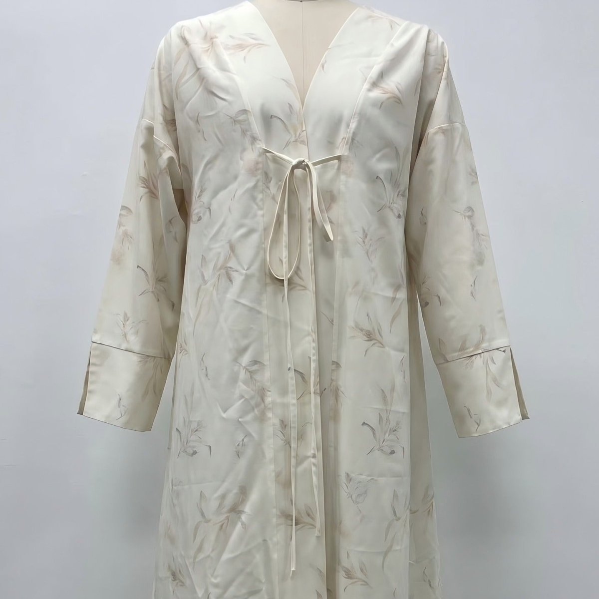 Abaya ouverte en satin à imprimé floral et oiseaux (MOA322)