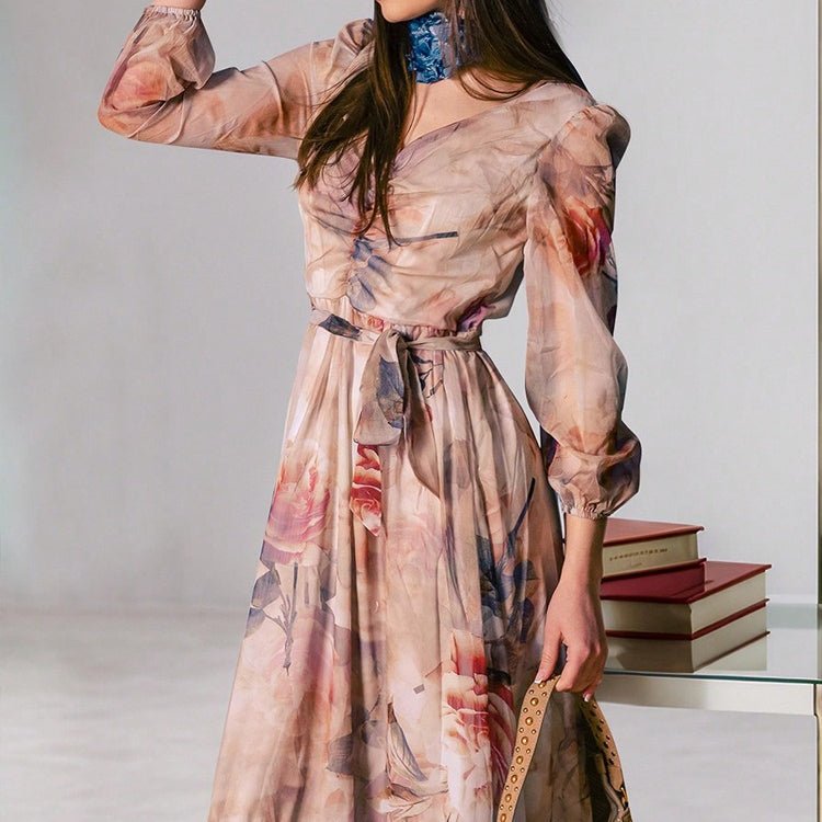 Robe Longue Col en V Motif Floral Aquarelle (MS372)