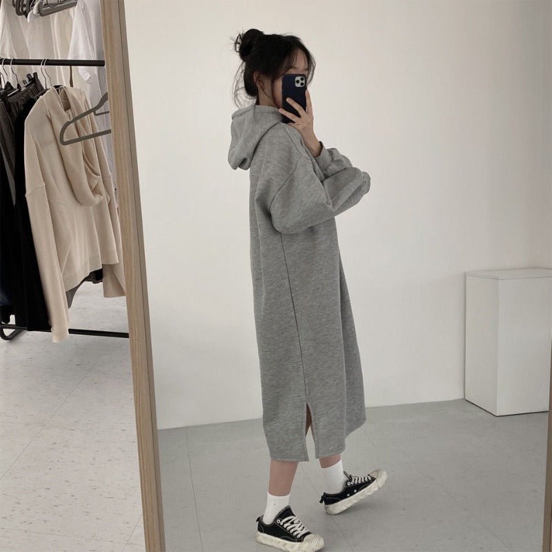 Robe Maxi Pull à Capuche Confort | Robe Mi-Longue Doublée en Polaire avec Fentes Latérales (MS137)