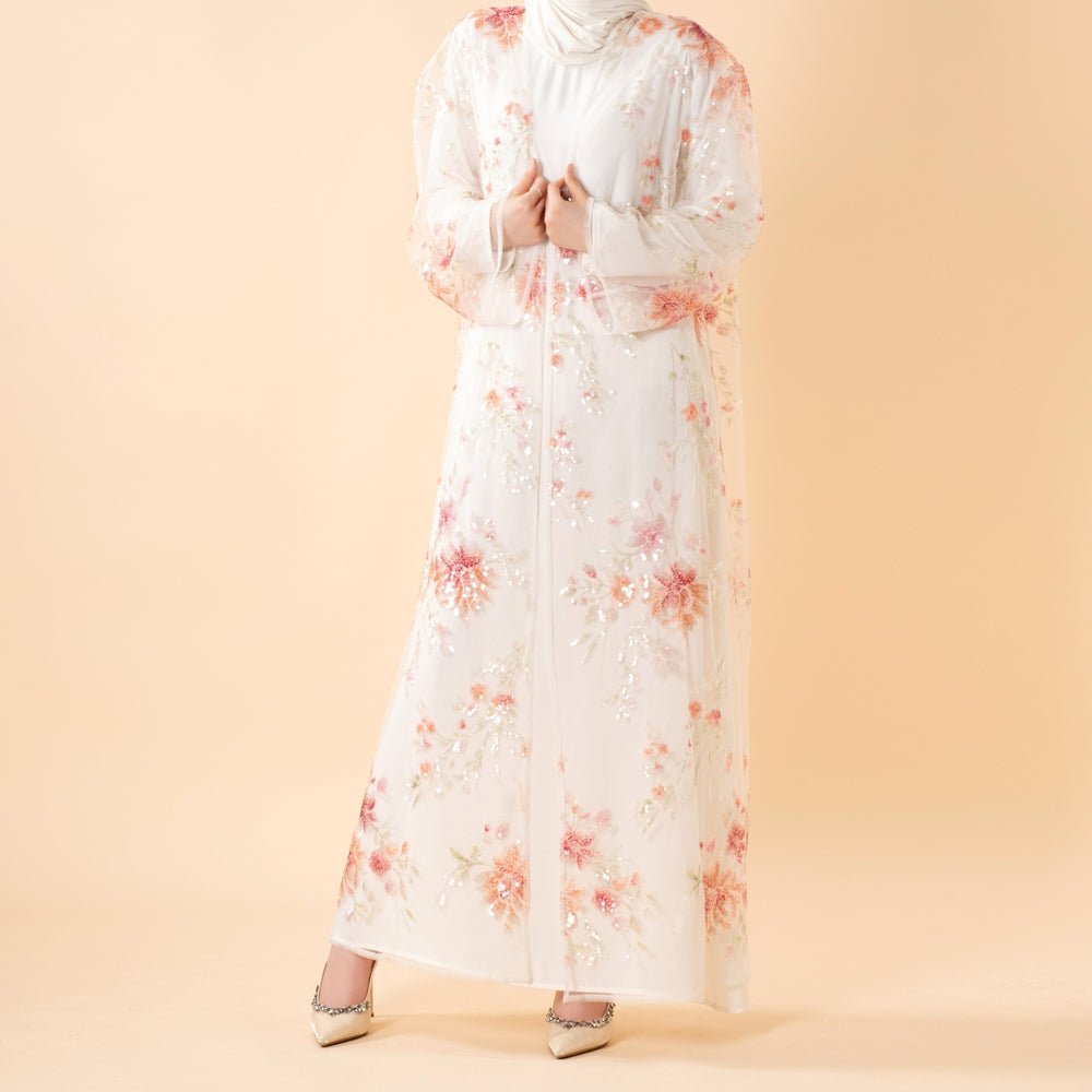 Abaya ouverte de luxe brodée de sequins floraux 3D pour mariages et l'Aïd (MOA306)