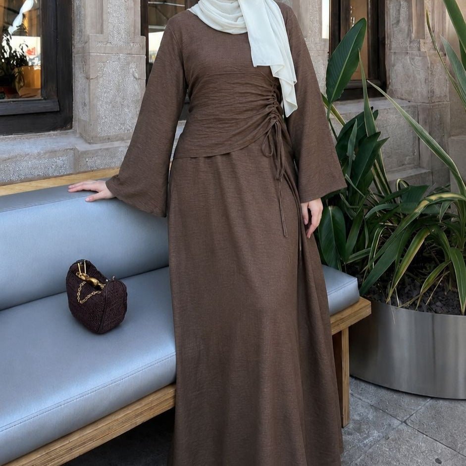 Robe Maxi à Taille Coulissante Froncée et Manches Évasées(MS492)