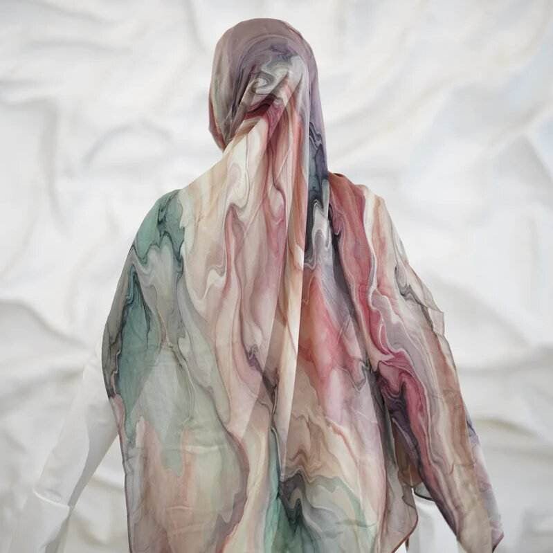 Foulard Hijab en Satin à Imprimé Aquarelle Tie-Dye (MH212)