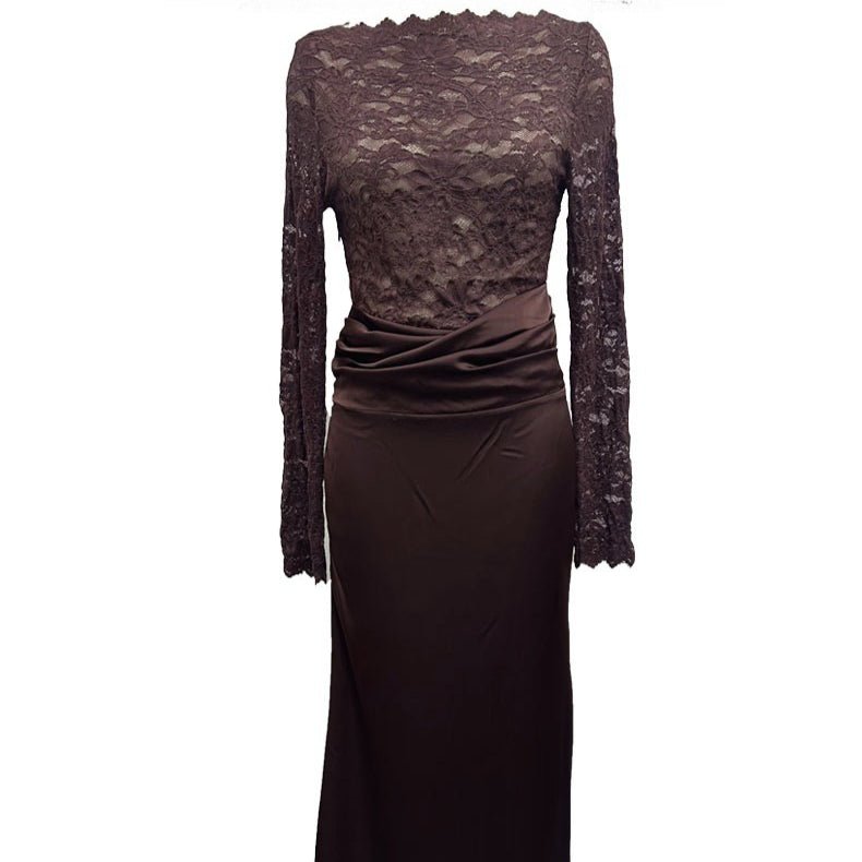 Robe Maxi Sirène en Satin Froncé avec Bustier en Dentelle (MS415)