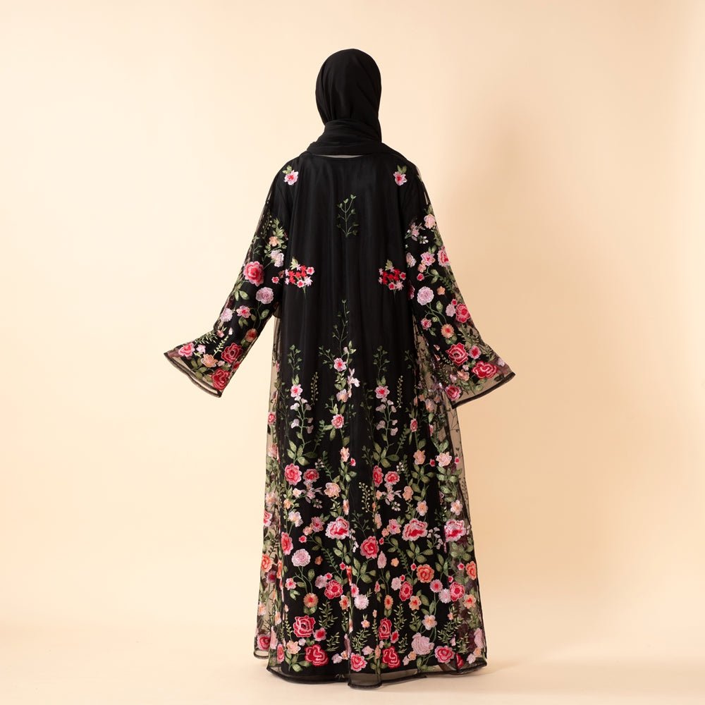 Abaya ouverte brodée Jardin de Roses effet 3D (MOA275)