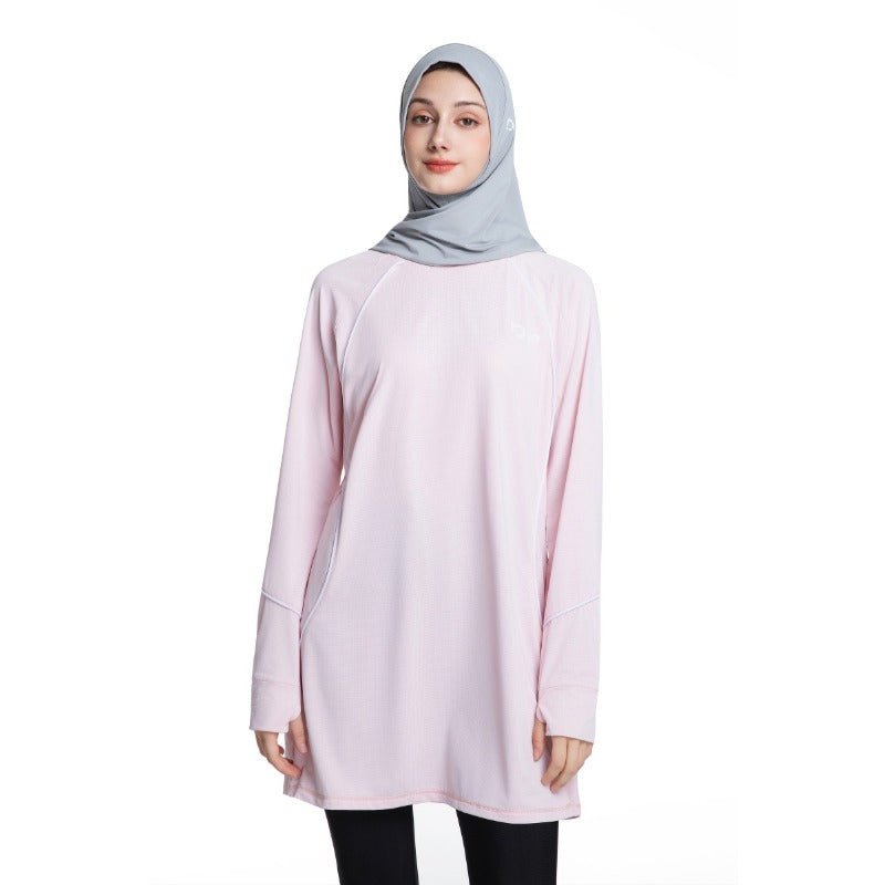 Haut de sport modeste à manches longues pour femme, séchage rapide | Tunique athlétique en polyester pour yoga, lignes épurées (MS114)