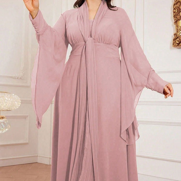 Robe Maxi Grande Taille Plissée avec Col Cravate (MS370)
