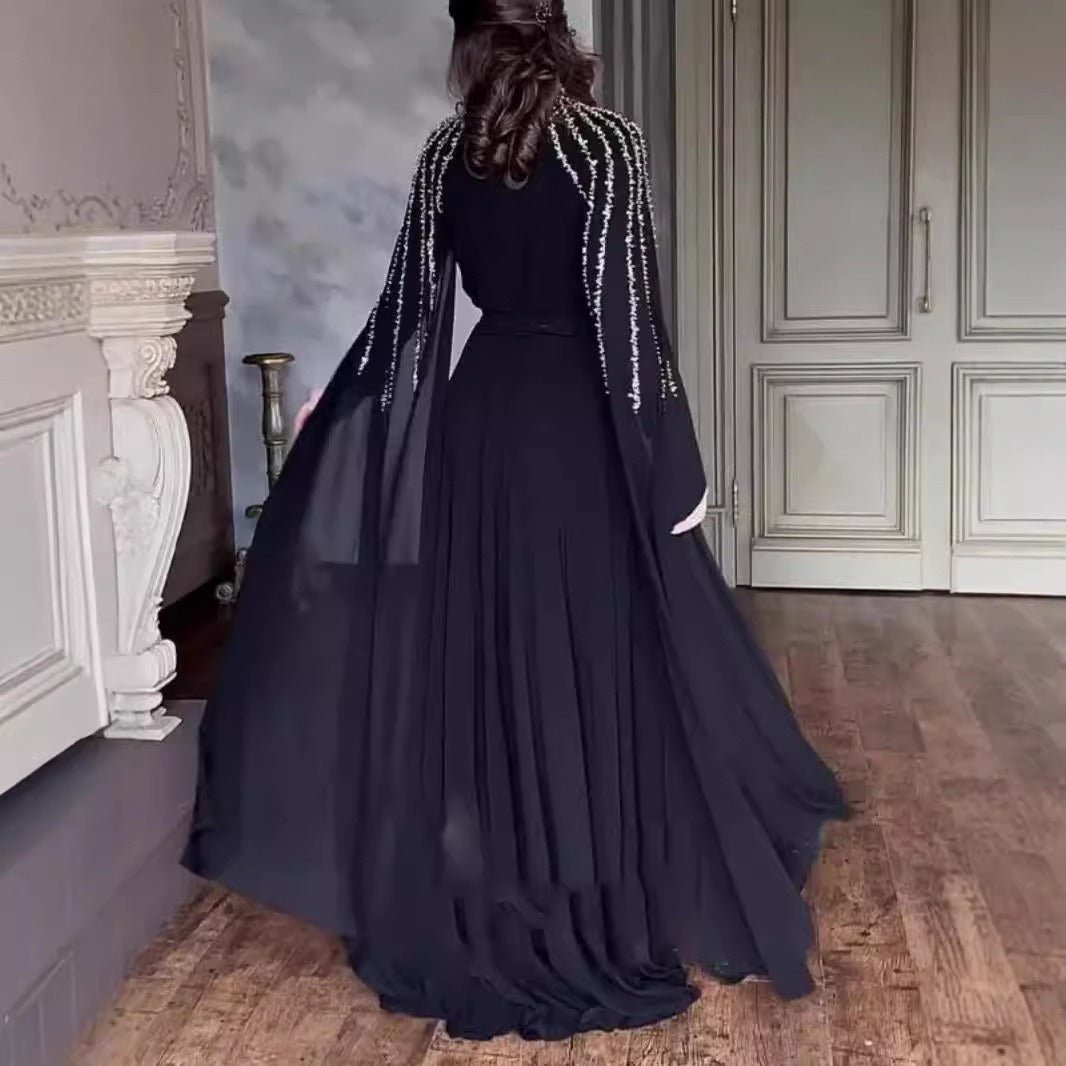 Robe Cape Crystal Cascade | Abaya de Soirée Brodée à l'Effet Spectaculaire (MA345)