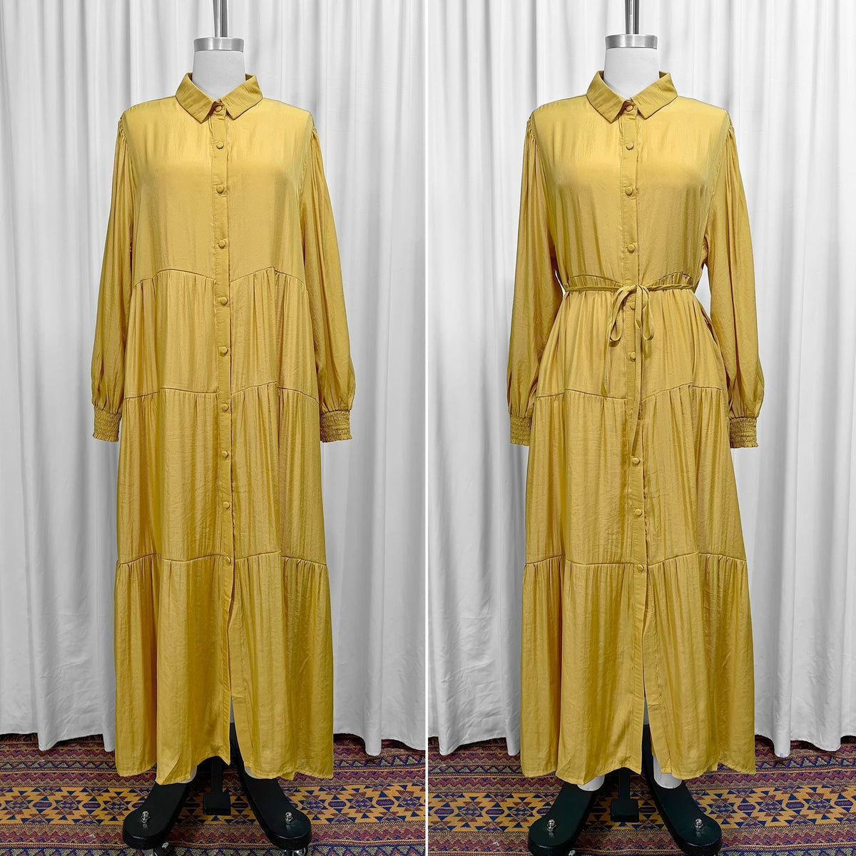 Robe Maxi à Encolure Chemise, Boutons et Volants Étagés (MA465)