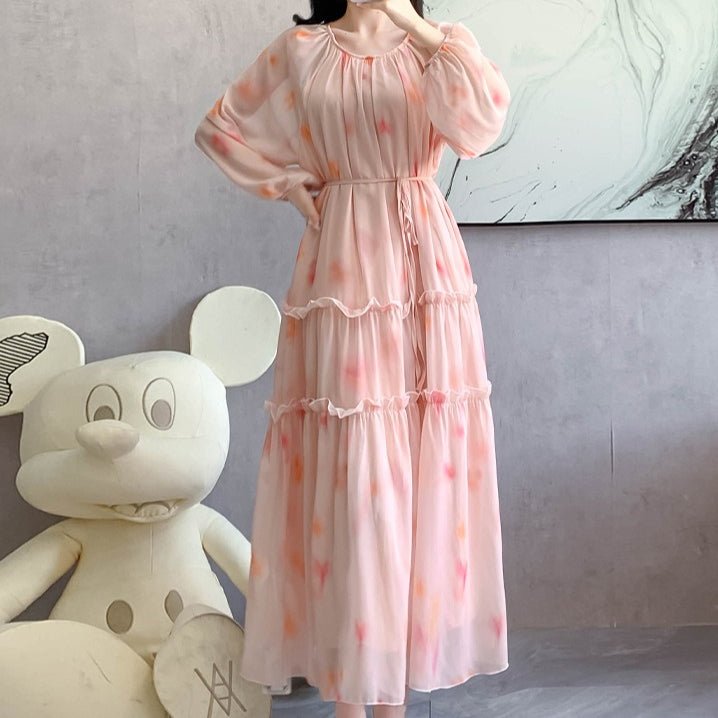 Robe Maxi en Mousseline Imprimée Aquarelle | Robe Étagée à Manches Longues (MS270)