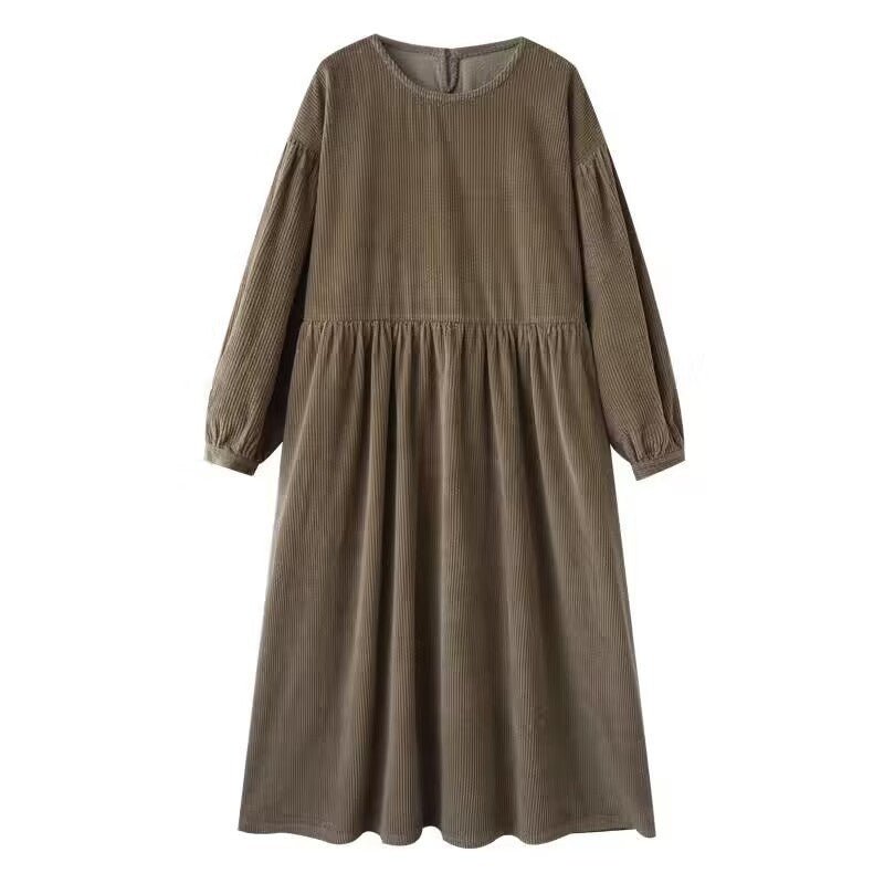 Robe Maxi en Velours Côtelé à Manches Bouffantes avec Poches | Robe d'Hiver Vintage en Velours Côtelé Doux (MS205)