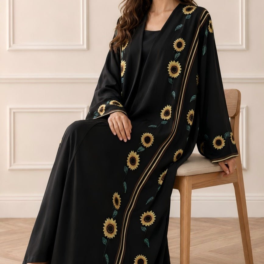 Abaya ouverte imprimé tournesol avec liseré doré (MOA338)