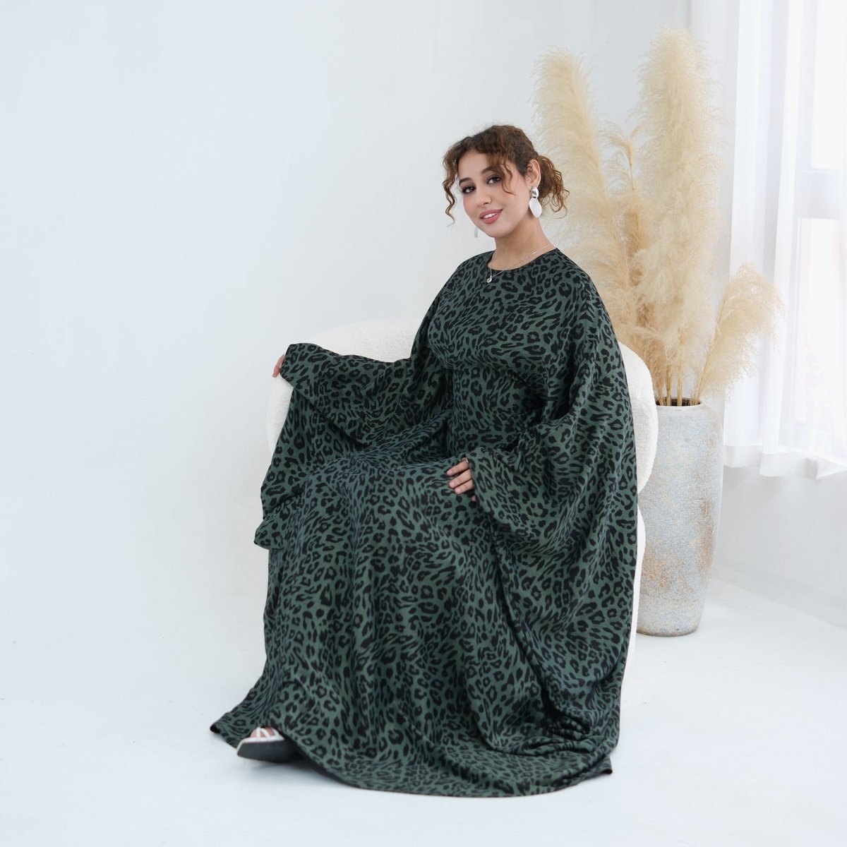 Robe Maxi Imprimé Léopard à Manches Chauve-Souris (MA450)