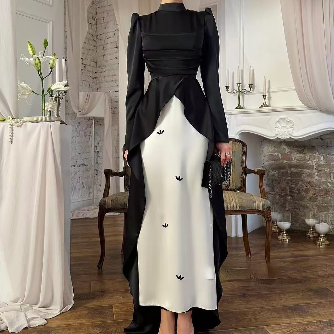 Robe de soirée en satin colorblock avec traîne (MA351)