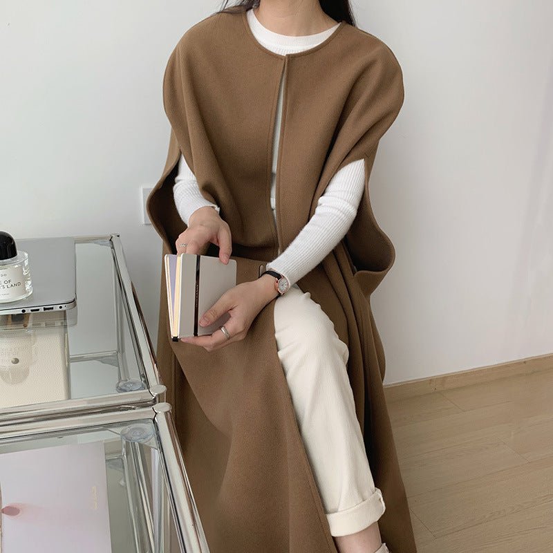 Gilet Cape sans Manches | Gilet-Manteau Long Minimaliste en Mélange de Laine (MS204)