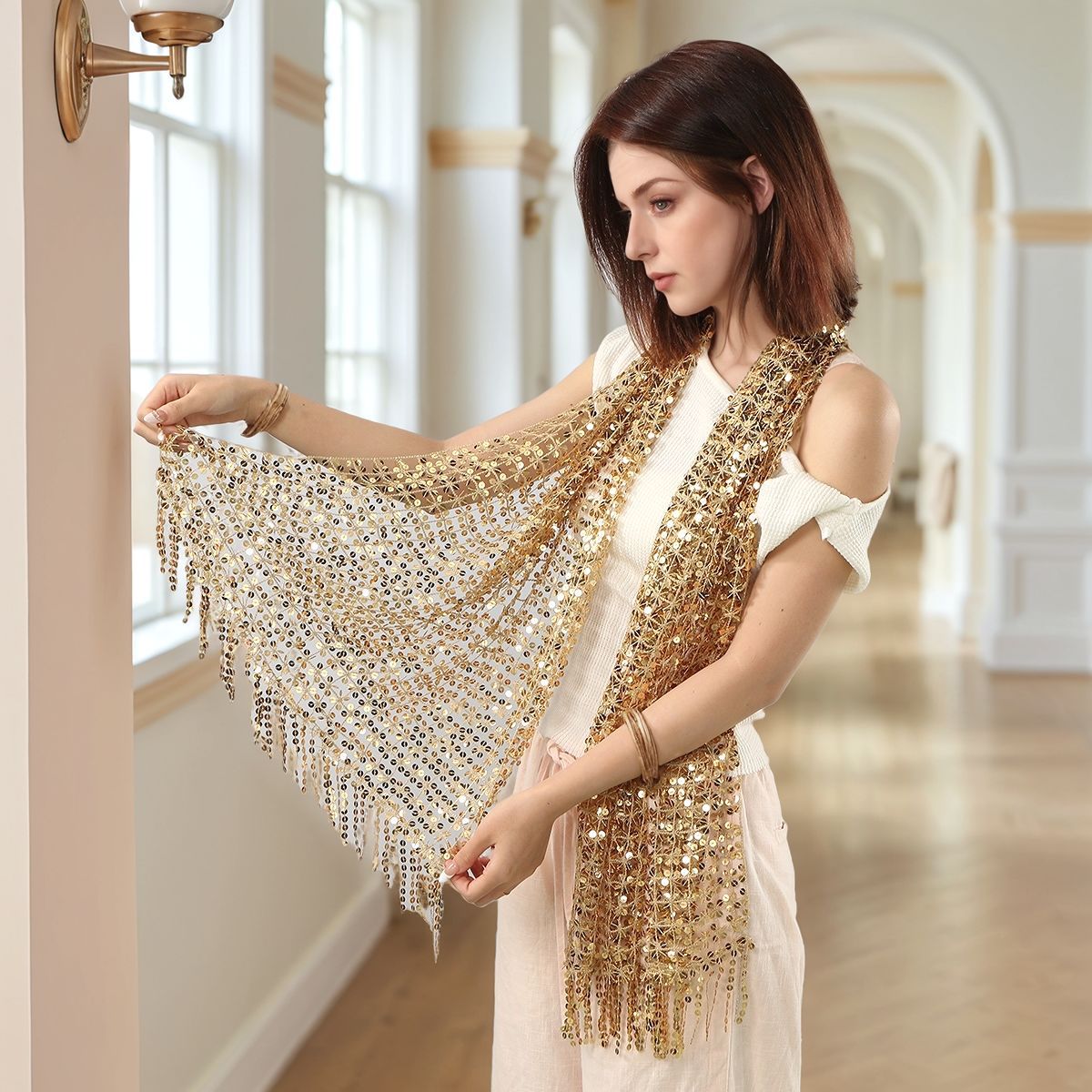 Hijab Châle en Mesh Pailleté avec Franges (MH206)