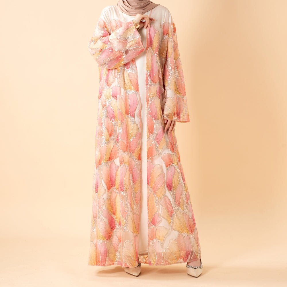 Abaya Ouverte Brodée Main Petal Glow — Collection Secret Garden (MOA295)