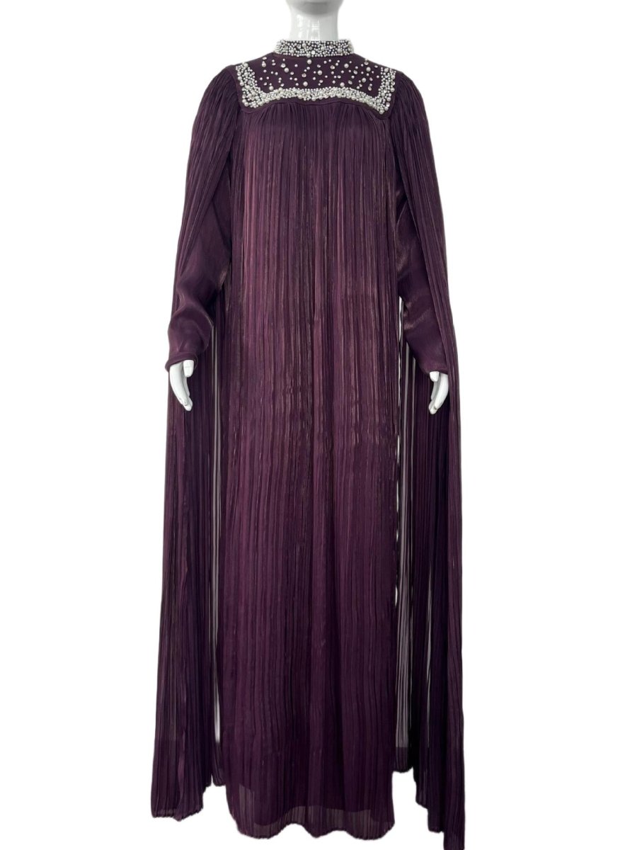 Robe longue plissée en mousseline perlée de perles et cristaux (MA441)