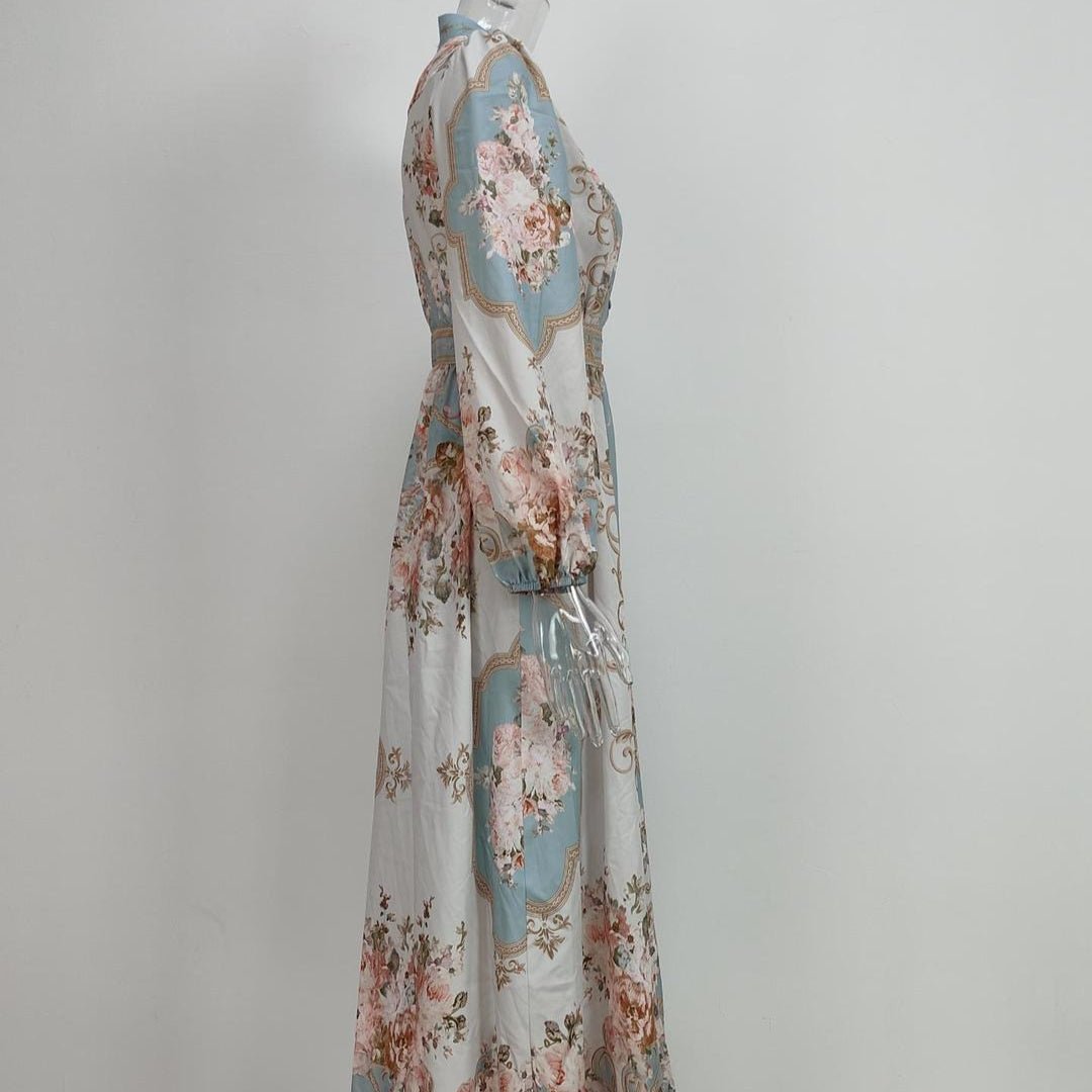 Robe Longue Fleurie Vintage | Robe Style Victorien à Col en V et Manches Longues (MA378)