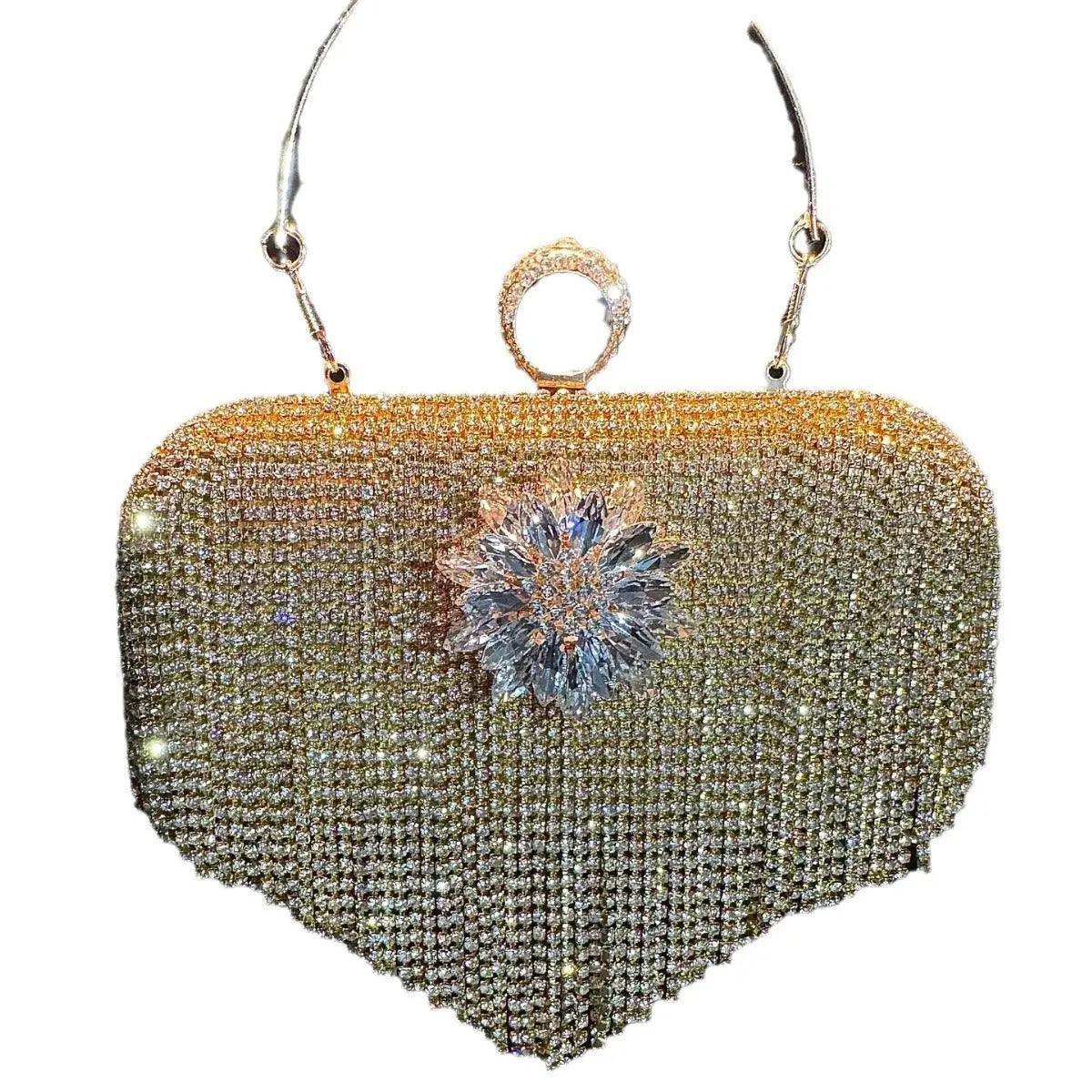 MAC056 Pochette de soirée à pompon, sac à main de luxe orné de strass, pour soirée et bal de promo, avec chaîne amovible