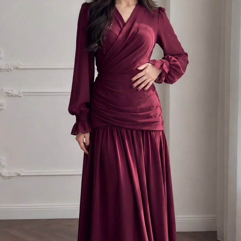 Robe longue encolure V Ruché à la taille Froncée(MS505)