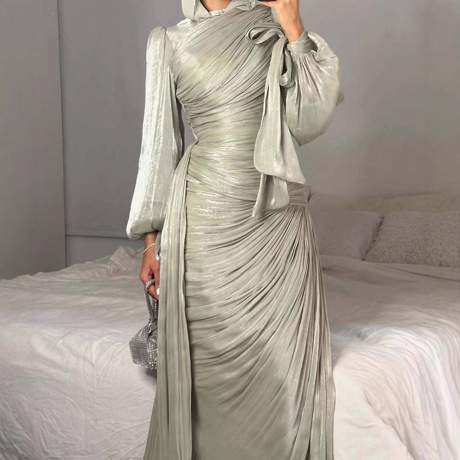 Robe de Soirée Froncée | Robe Maxi Moulante à Manches Bouffantes (MS280)