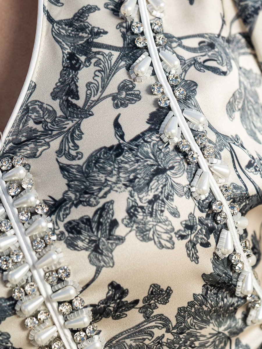 Robe Maxi élégante à col en V, en satin, avec fleurs brodées à la main de perles et de cristaux, manches longues, avec Abaya grise (MA192)