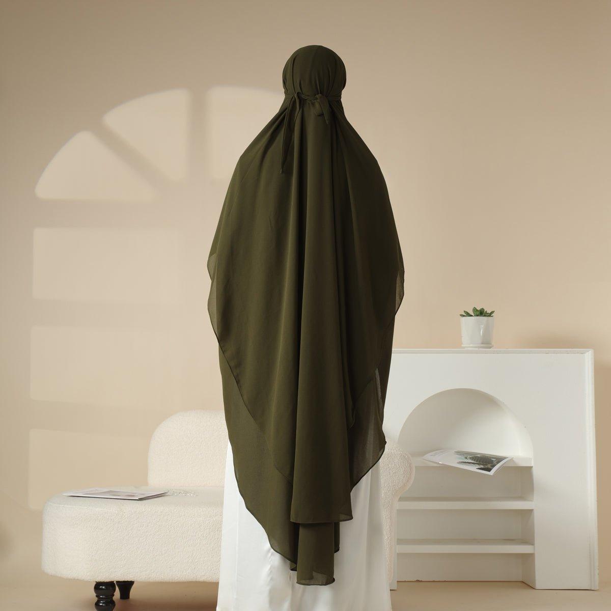 MK018 Khimar Long en Mousseline à Double Couches, Devant et Dos