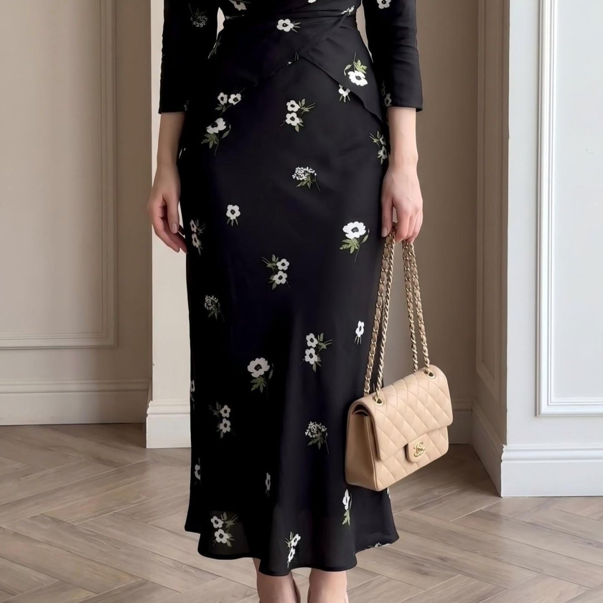 Robe midi imprimée fleurs avec nœud torsadé sur le devant (MS463)