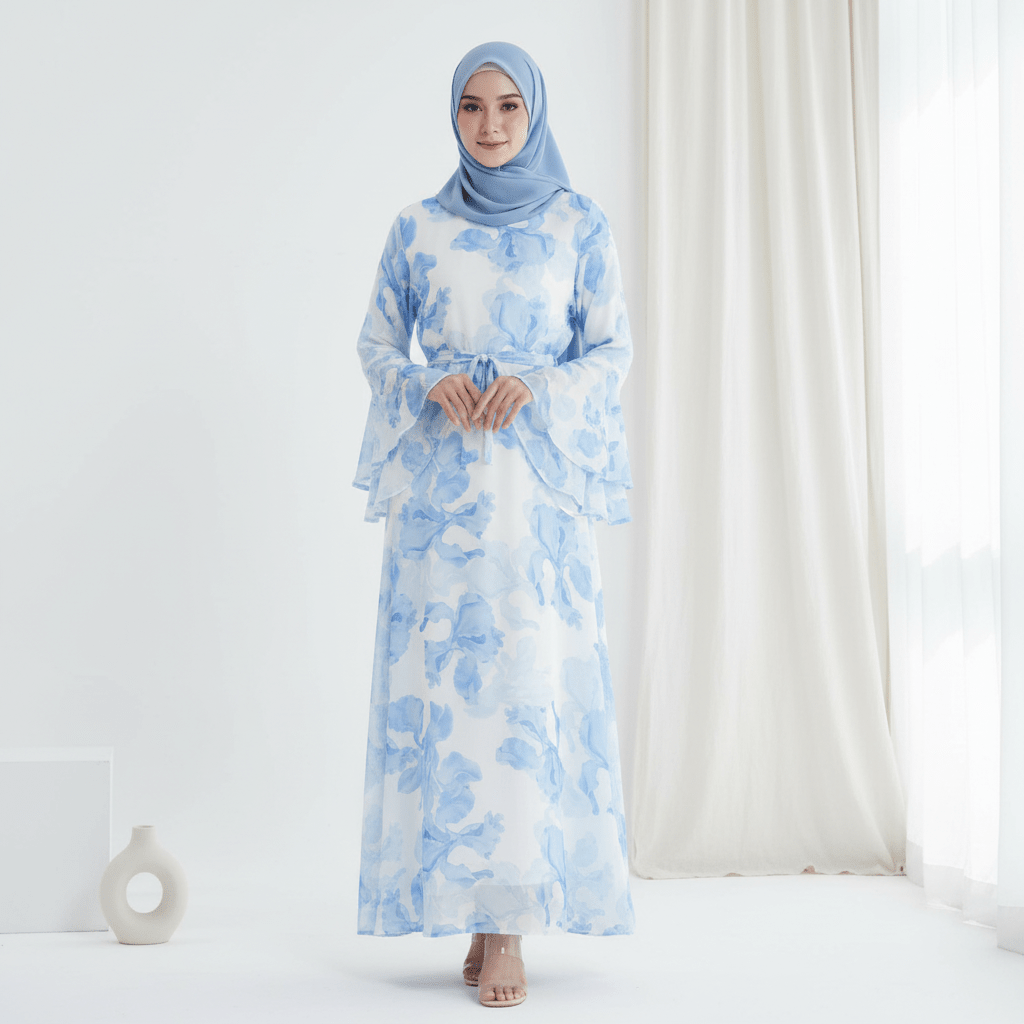 Abaya en mousseline imprimée Blossom | Abaya à manches évasées (MA149)