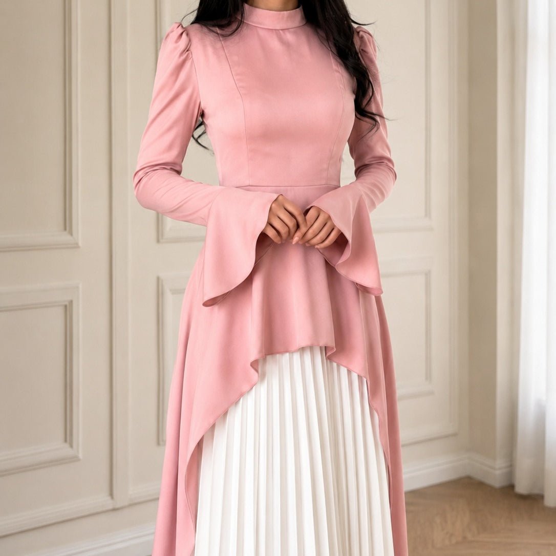 Robe Maxi Plissée Peplum Rose & Ivoire (MS512)