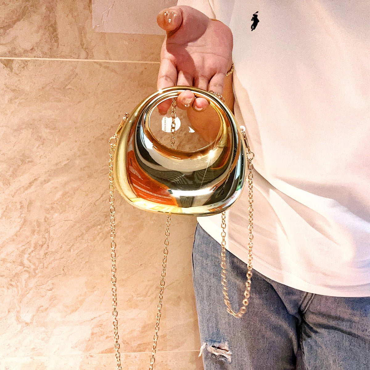 Sac à main tendance en acrylique pour femme - Sac bandoulière / cabas en métal brillant (design mini croissant) (MAC239)