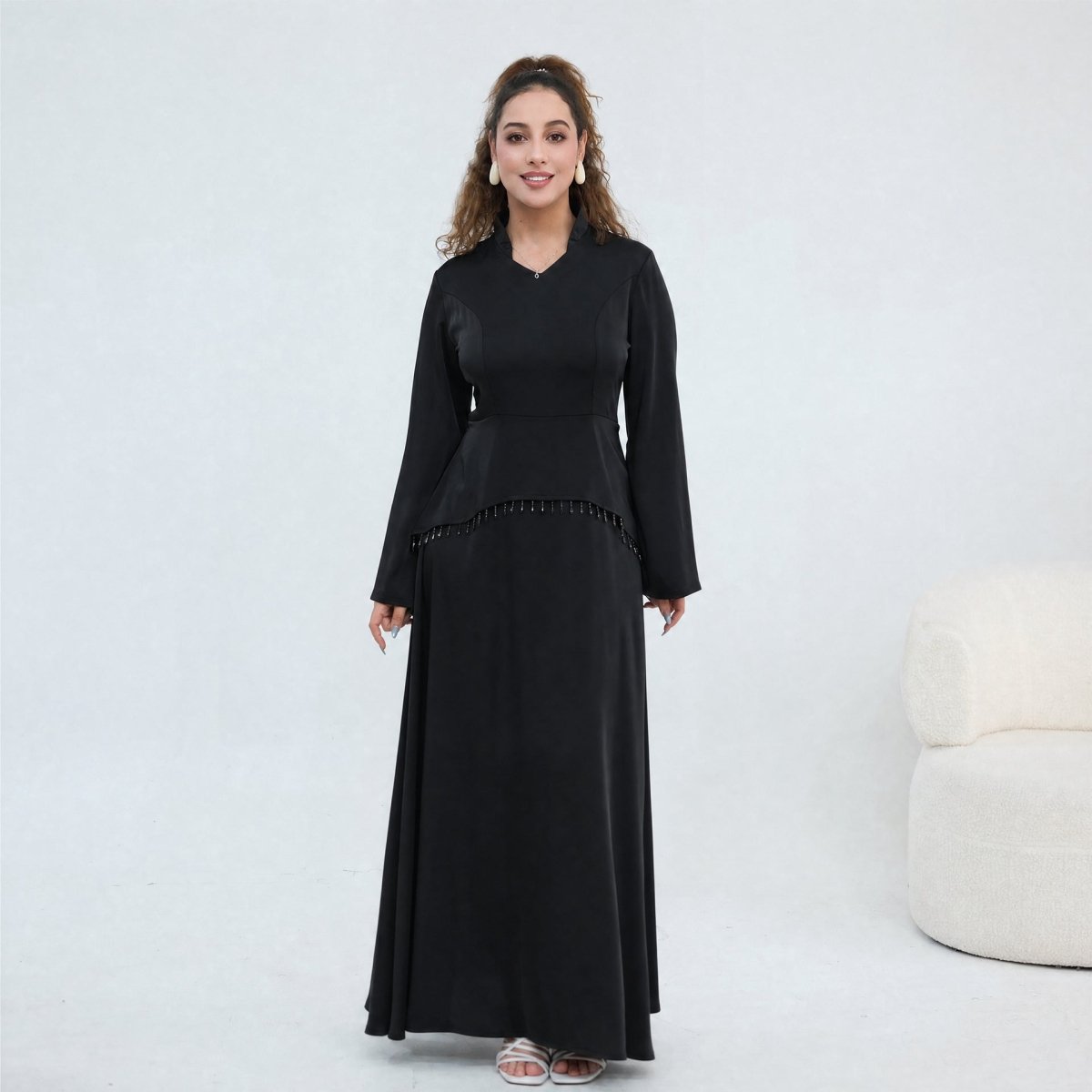 Robe Maxi Corset avec Taille Perlée et Manches Évasées (MS476)