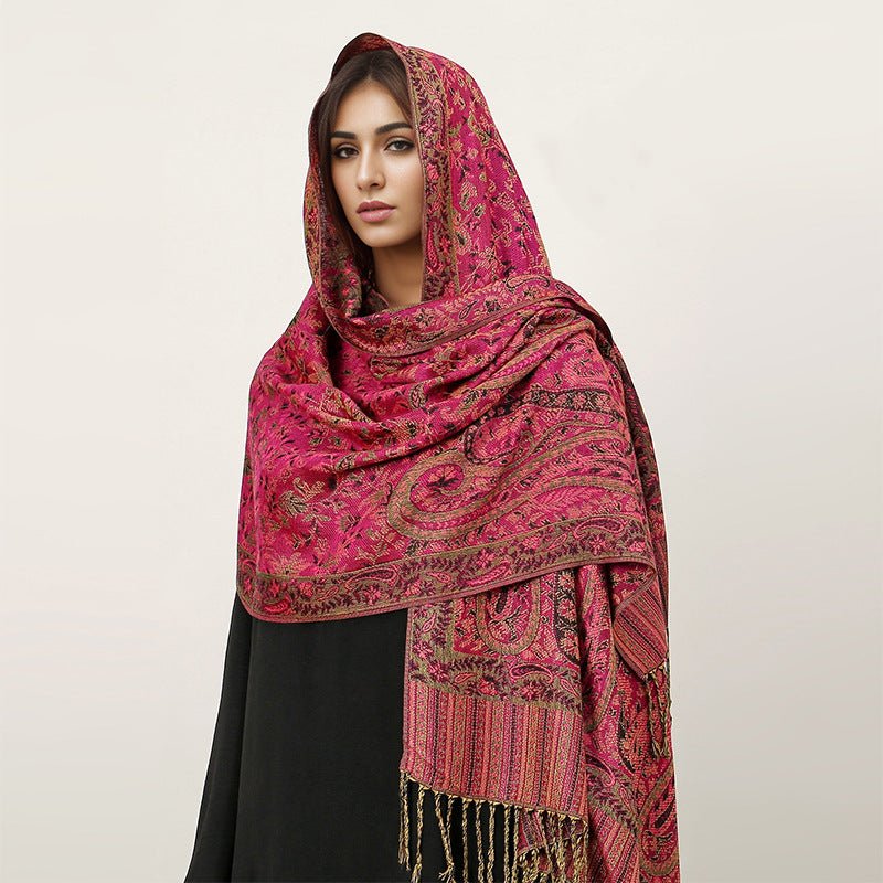 Hijab Vintage Shawl à Motif Fleur de Cajou avec Pompons (MH101)
