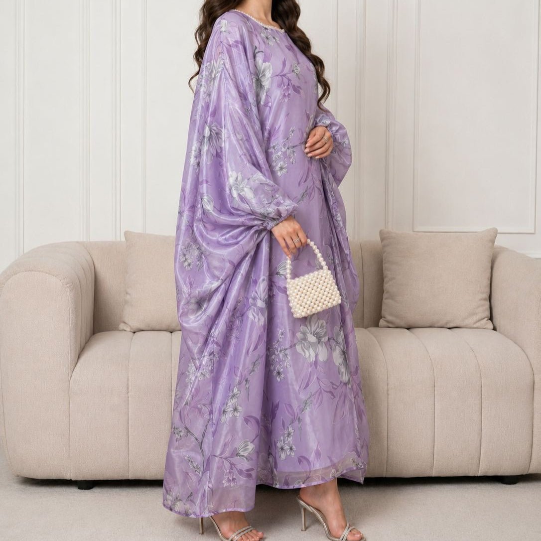 Robe Maxi Effet Organza Imprimé Floral avec Encolure Carrée Perlée (MA457)