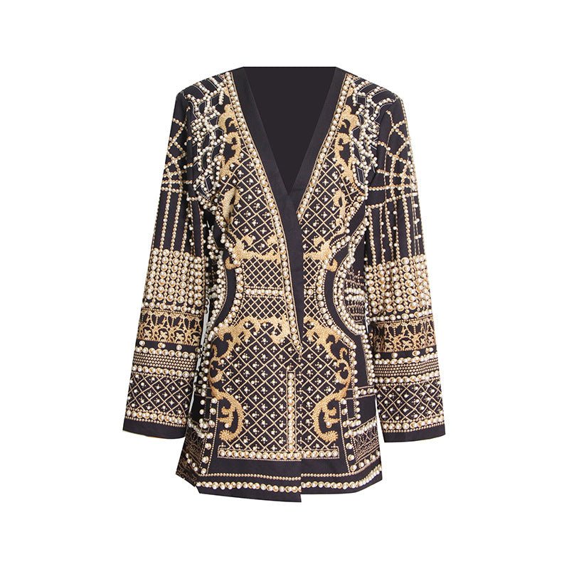 Blazer Vintage Orné de Perles et Perles de Rocaille | Veste de Luxe à Imprimé Géométrique (MS218)