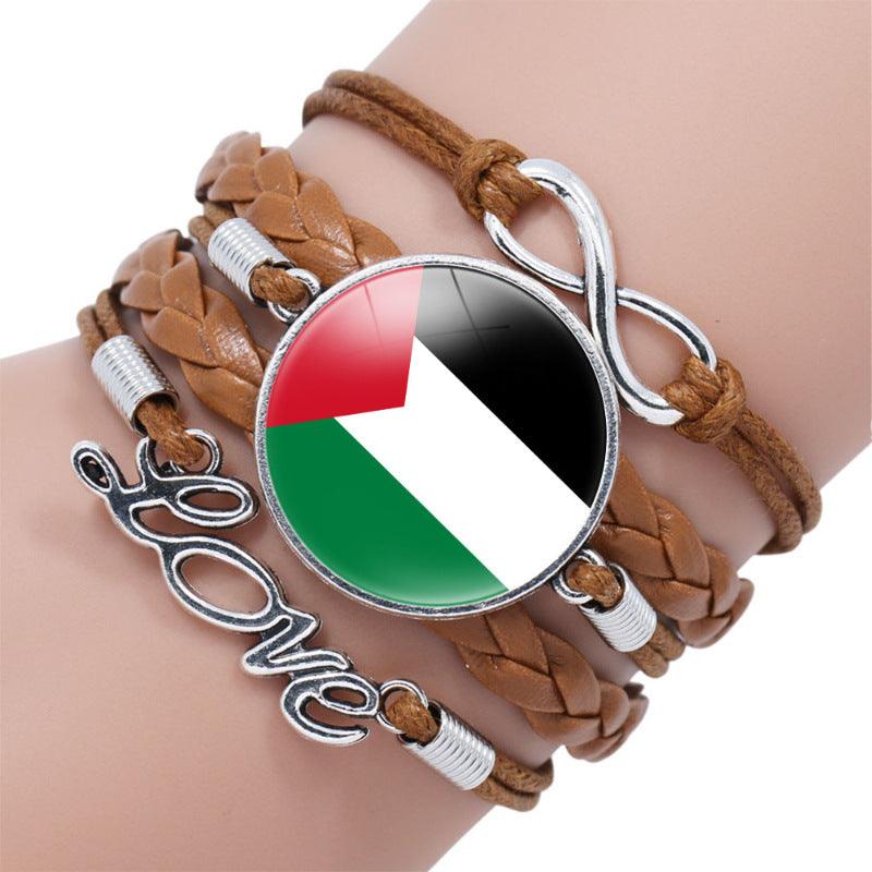 Bracelet multicouche motif keffieh drapeau palestinien avec pierres fines "time", "love" & ∞ (MAC080)