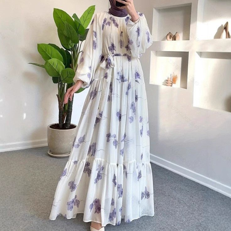Robe Maxi Fleurie Aquarelle | Robe Étagée à Manches Longues et Ceinture (MS273)