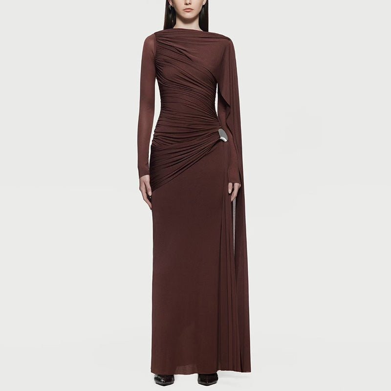 Robe Longue Cape Drapée en Diagonale | Robe Maxi Asymétrique à Manches Longues Drapées (MS222)
