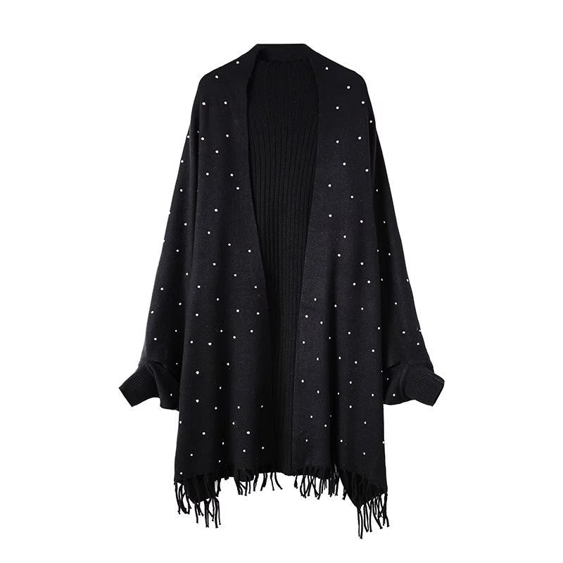 Cardigan Cape Orné de Diamants | Pull Châle en Maille avec Bordure à Franges (MS211)