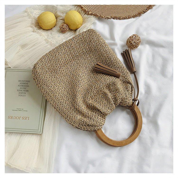 MAC132 Sac seau de plage en paille tendance, simple, avec pompon