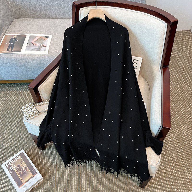 Cardigan Cape Orné de Diamants | Pull Châle en Maille avec Bordure à Franges (MS211)