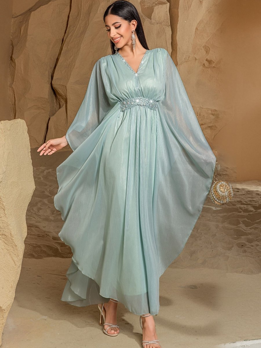 Élégante Abaya Robe pour Voyage et Soirée, Col en V, Perles Brodées à la Main, Finition Luxueuse (MA188)
