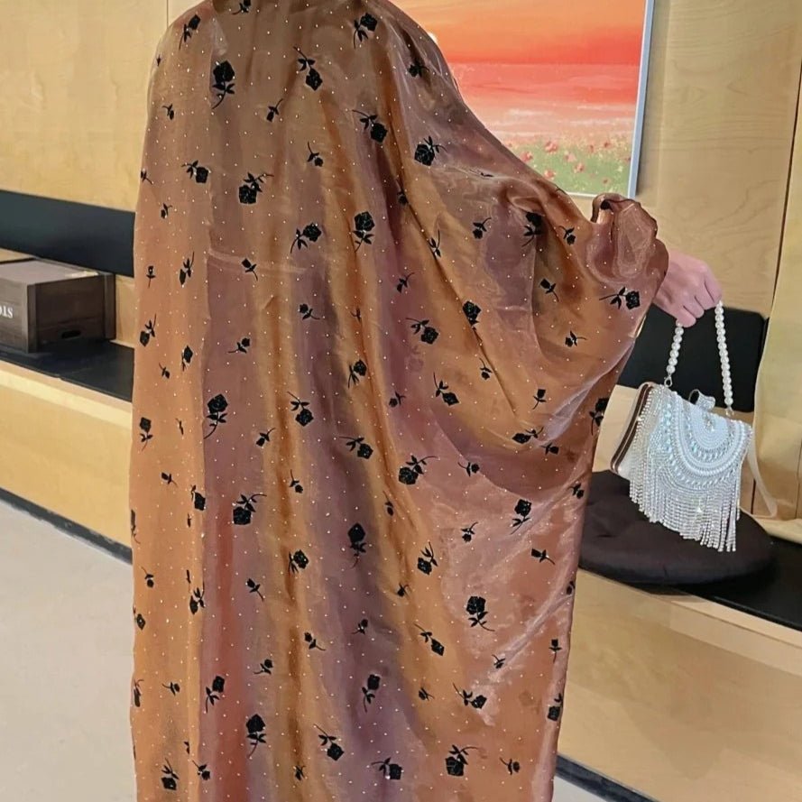 Abaya ouverte Organza Rose brodée de fleurs et papillons (MOA115)