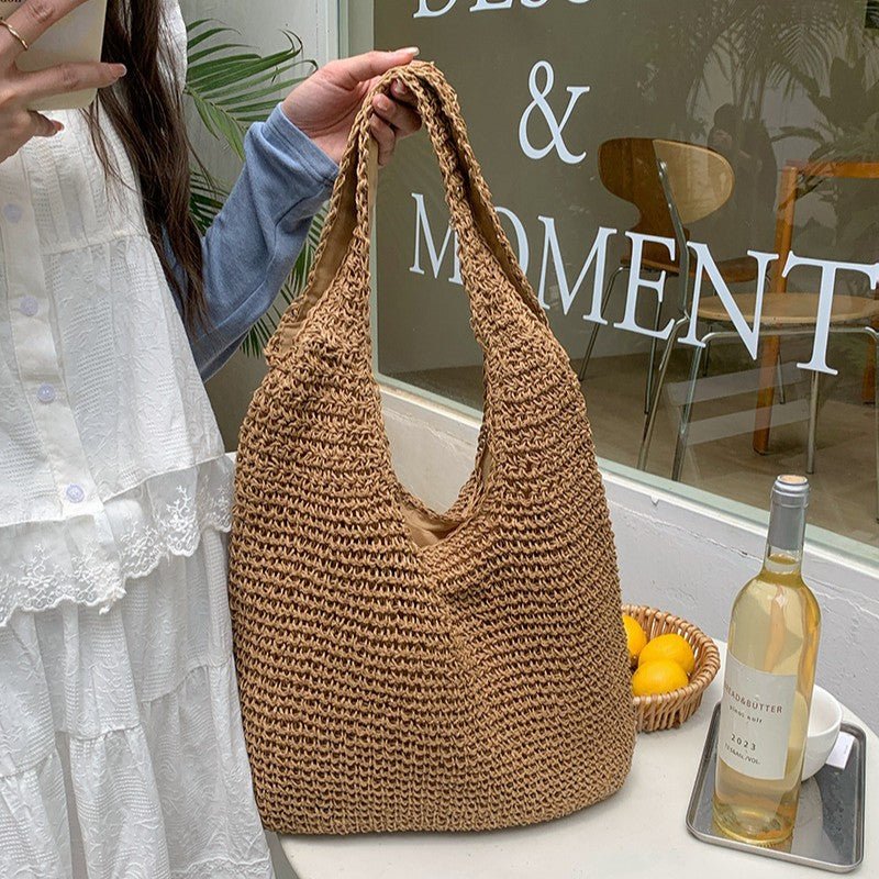 Sac de plage en paille pour femme, tendance et polyvalent, grande capacité, style vacances, sac fourre-tout en paille (MAC241)