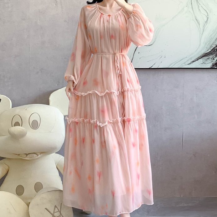 Robe Maxi en Mousseline Imprimée Aquarelle | Robe Étagée à Manches Longues (MS270)