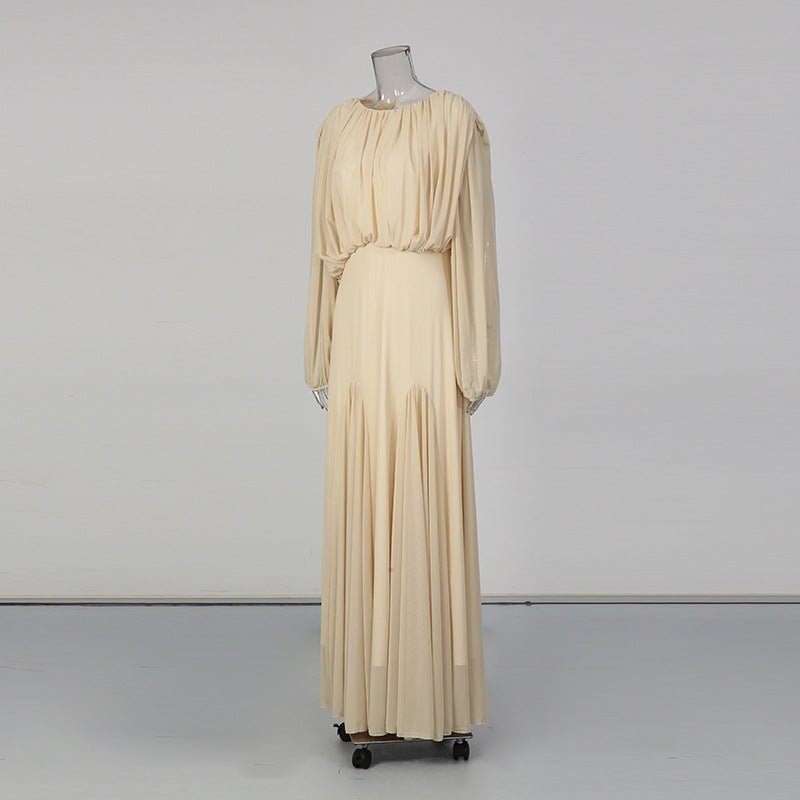 Robe longue col rond, bustier drapé et manches lanterne (MS402)