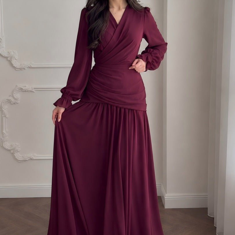 Robe longue encolure V Ruché à la taille Froncée(MS505)