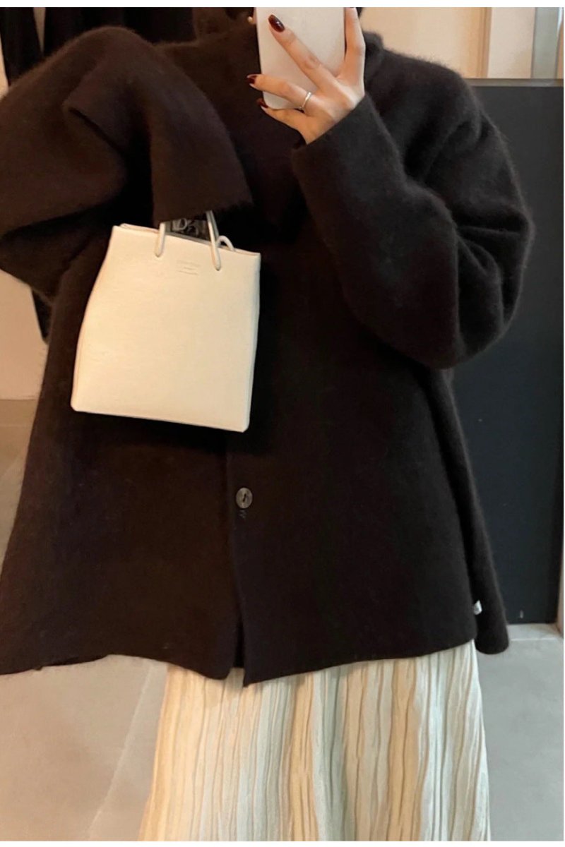 Manteau en mélange de laine à col cape | Veste d'hiver mi-longue à boutonnage devant (MS191)