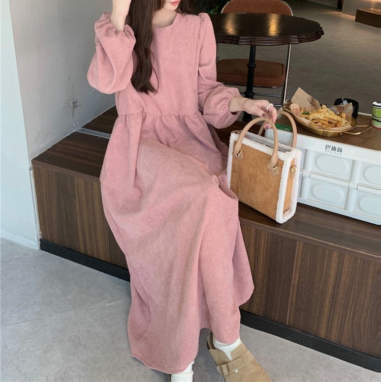 Robe Maxi en Velours Côtelé Français à Manches Lanterne | Robe Froncée à Poignets Élastiques (MS206)